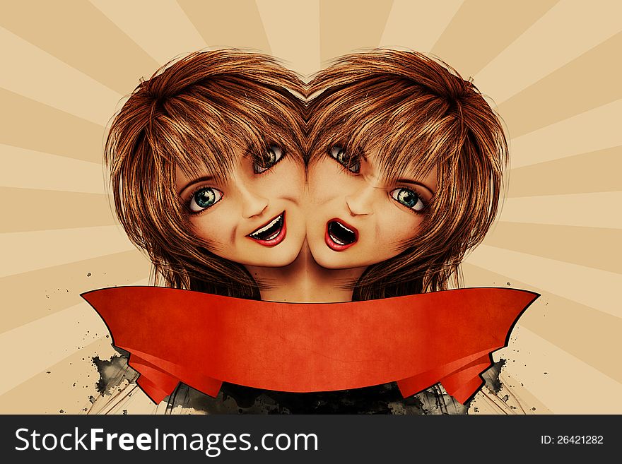 Abstract illustration of two girl's faces, different emotions. Abstract illustration of two girl's faces, different emotions.