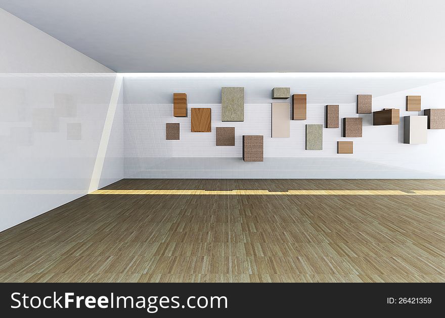 Futuristic Architecture, abstract gallery interior with empty wood shelves