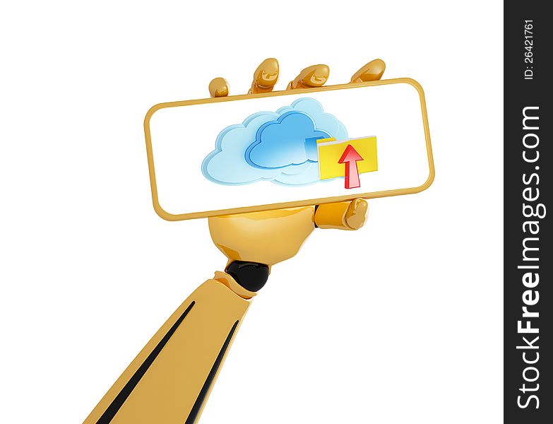 3d hand of robot hold a plate with 3d cloud computing icon with folder and arrow. 3d hand of robot hold a plate with 3d cloud computing icon with folder and arrow