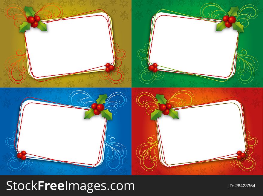 Set of Four different in colours Christmas card with mistletoe and blank frame to write your text. Set of Four different in colours Christmas card with mistletoe and blank frame to write your text