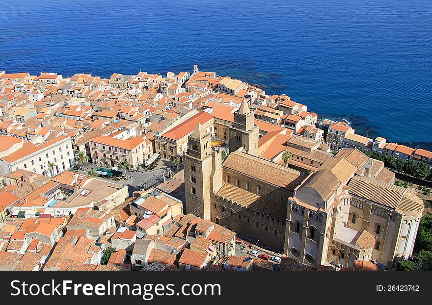 Cefalu cathedral and town from above