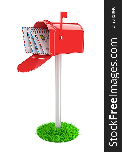 Red Mailbox with Mails. Red Mail Box on White Column and Green Grass.