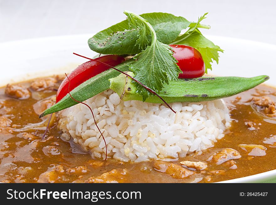 Curry on rice with fresh vegetables. Curry on rice with fresh vegetables