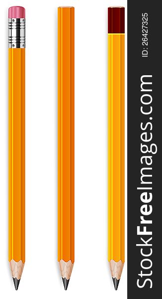 Three wooden sharp pencils on white background, vector illustration. Three wooden sharp pencils on white background, vector illustration