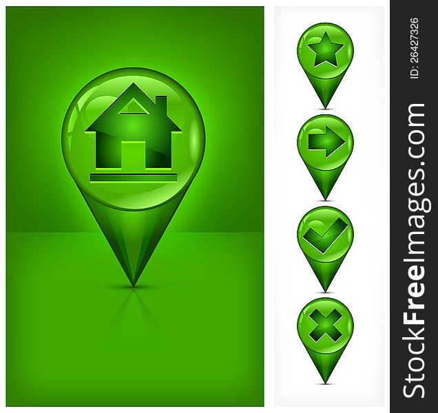 Navigation and GPS icons with house symbol on green, vector illustration
