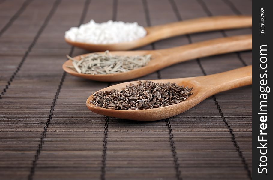 Various Spices In Wooden Spoons