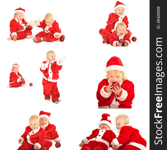Collage of two fanny kids in santa clauss costumes on white