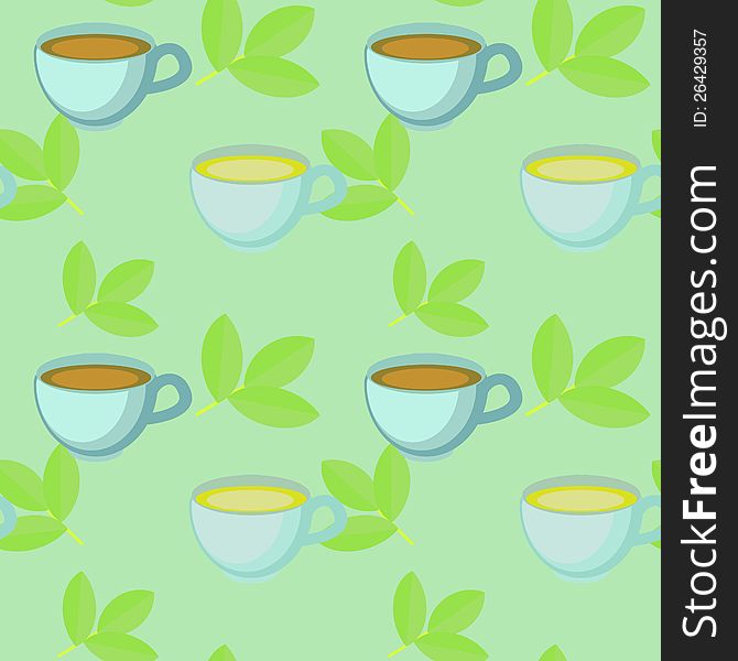 Seamless pattern with tea cups and leaves. Seamless pattern with tea cups and leaves