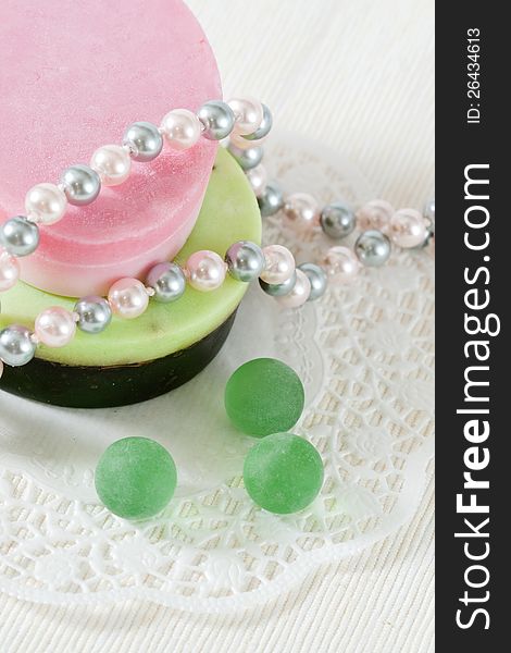 Handmade soap, pearl beads and flowers limonium
