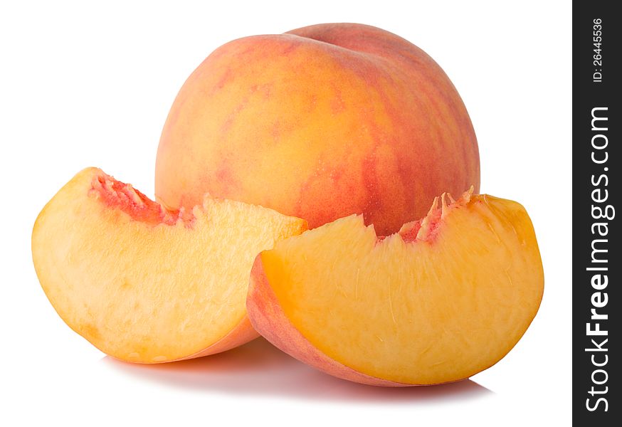 Ripe peach fruit and slices on white background