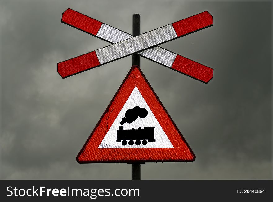 Sign railway crossing headlights on