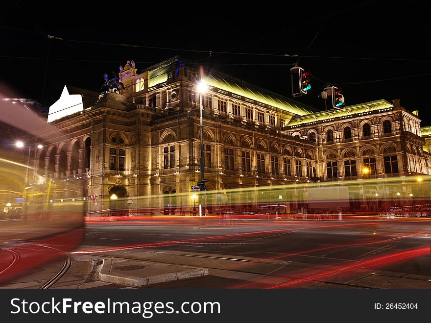 The Vienna Opera house at night in Vienna, Austria