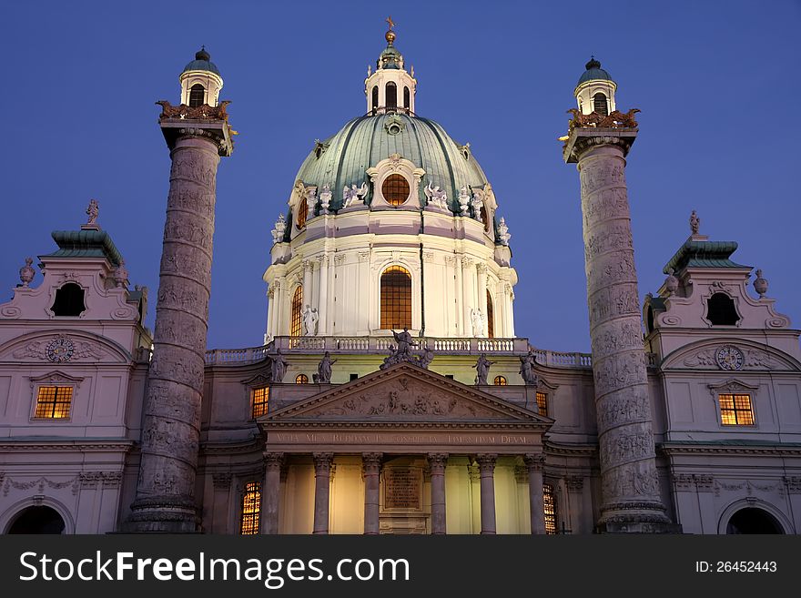 Karlskirche At Dusk In Vienna, Austria