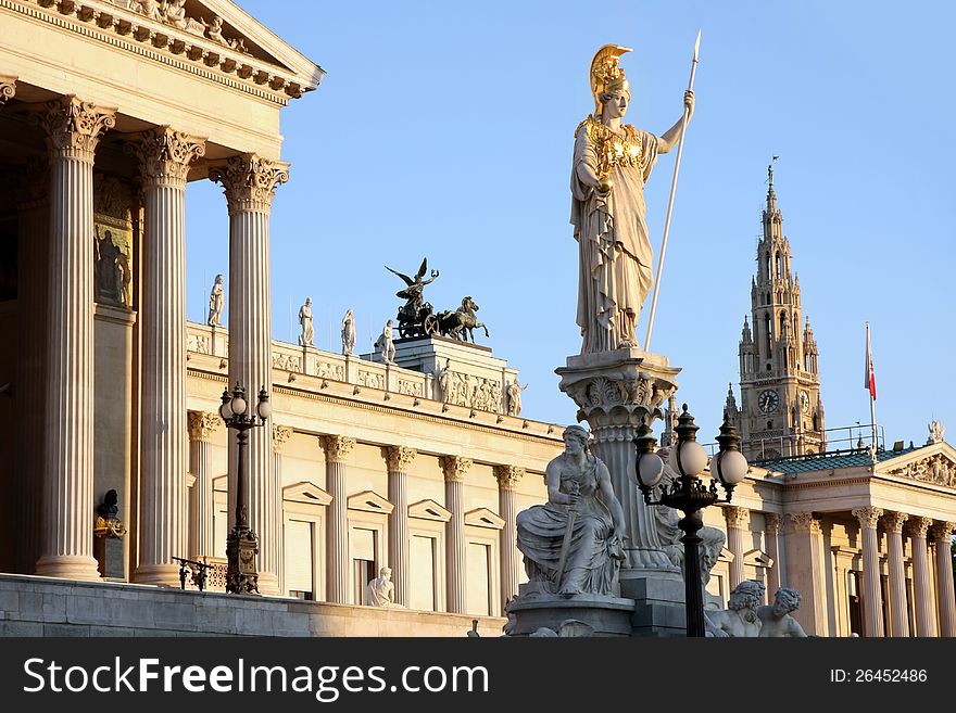 The Austrian Parliament, Rathaus and Athena Fountain in Vienna, Austria. The Austrian Parliament, Rathaus and Athena Fountain in Vienna, Austria