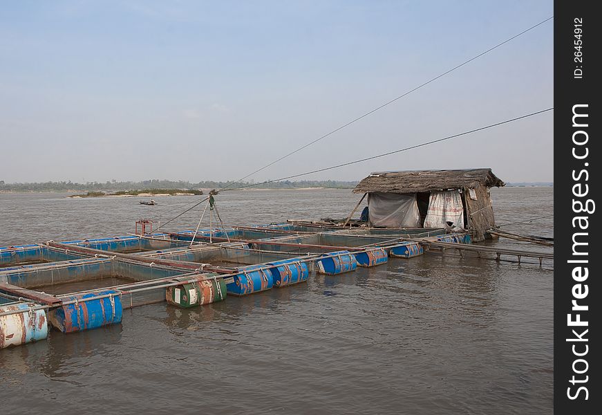 Fishery in the water cages at Khong river Thailand and Laos republic border