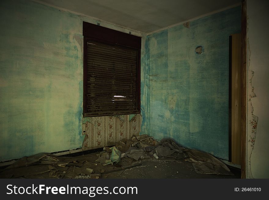 Devastated room in the building, old Spanish hotel