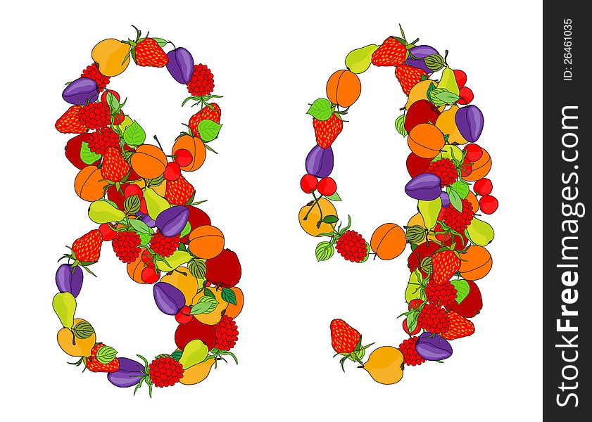 Number eight and number nine made from different fruits