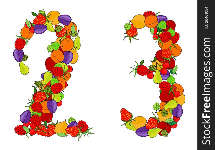 Number two and number three made from different fruits