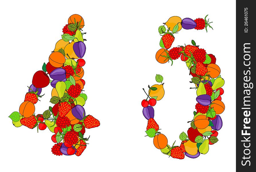 Number four and number five made from different fruits