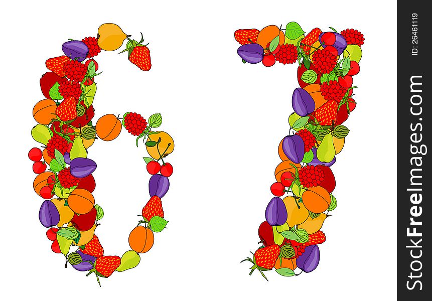 Number six and number seven made from different fruits