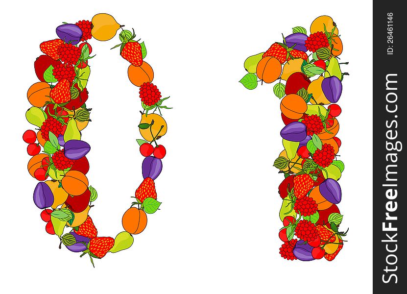 Number zero and number one made from different fruits