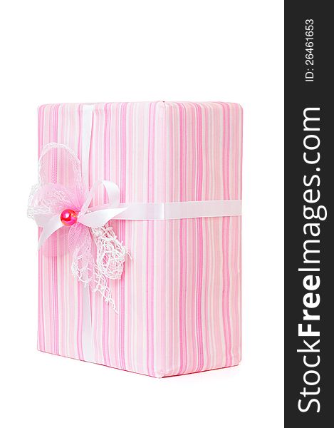 Pink gift box with bow isolated on white background