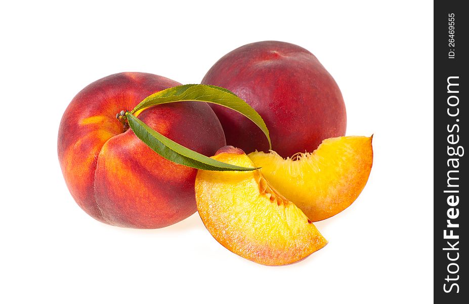 Two red peaches with leaves and two shares