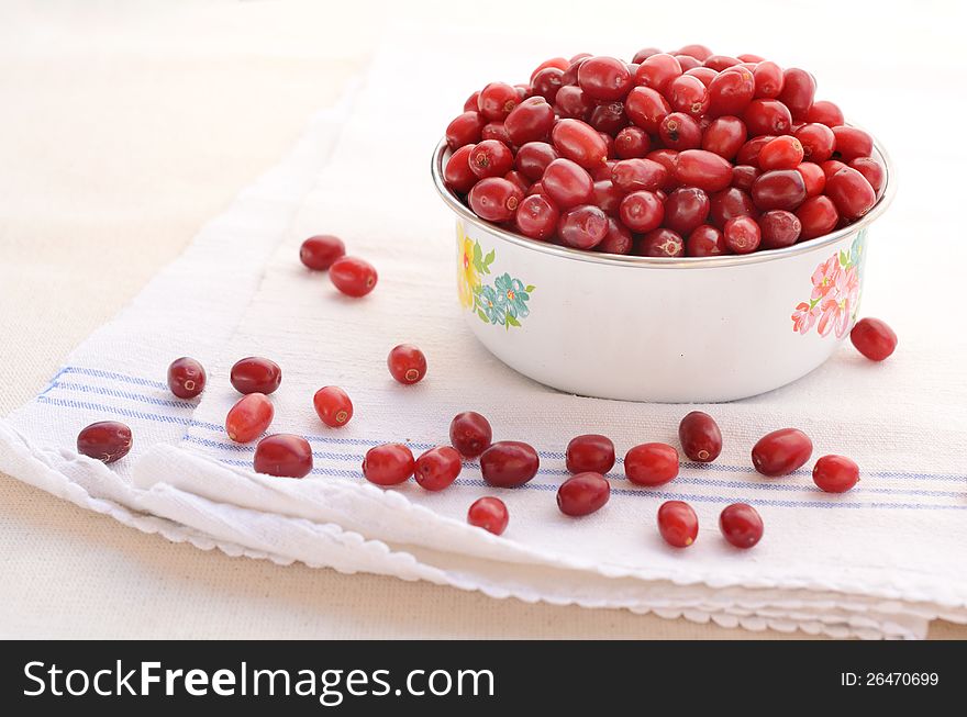 Red cornelian cherries in old-styled white bowl placed on handmade towel. Red cornelian cherries in old-styled white bowl placed on handmade towel