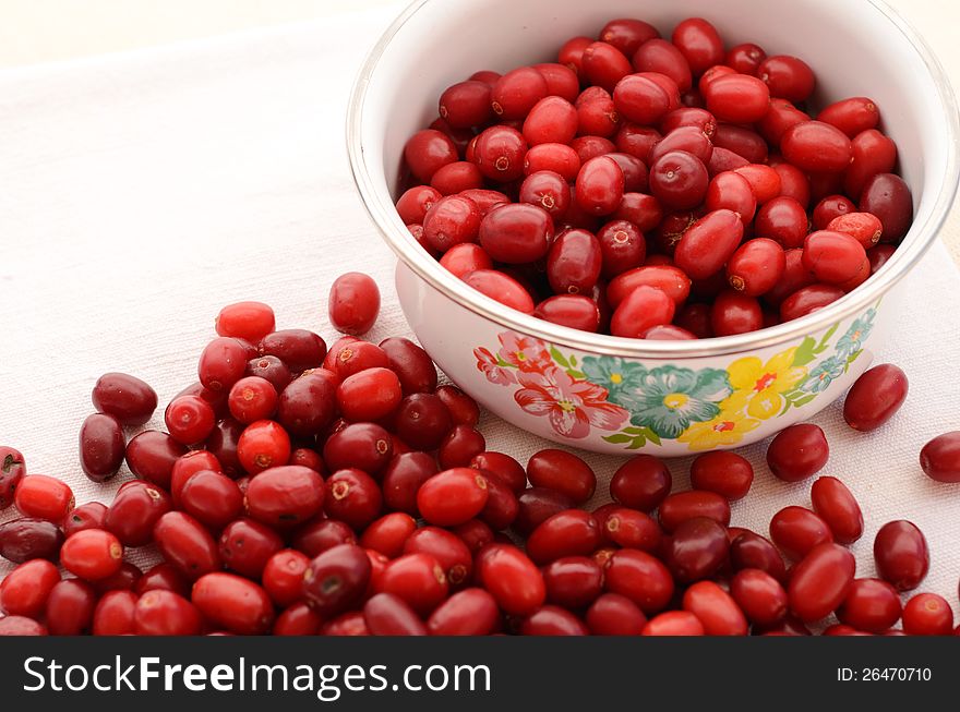 Red cornelian cherries in old-styled white bowl placed on handmade towel. Red cornelian cherries in old-styled white bowl placed on handmade towel