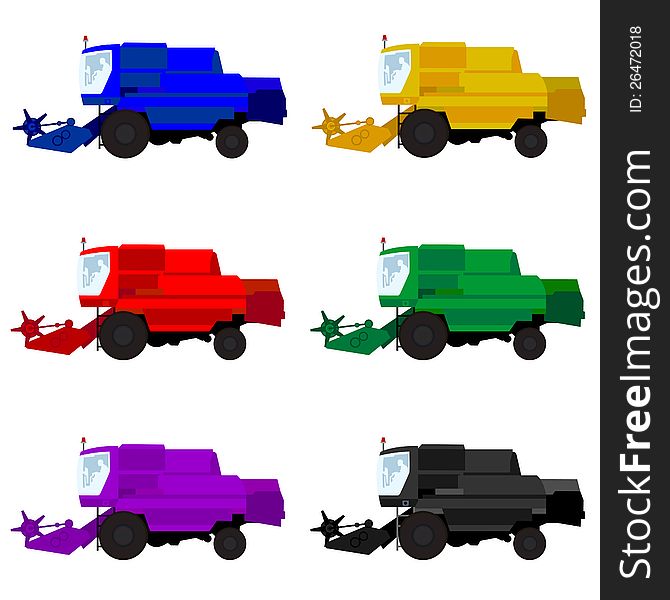 Agricultural machinery. Multi-colored harvesters. The illustration on a white background.