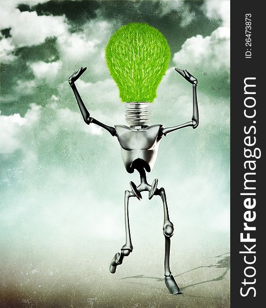 Abstract grunge illustration of metal humanoid with  grass light bulb. Abstract grunge illustration of metal humanoid with  grass light bulb.