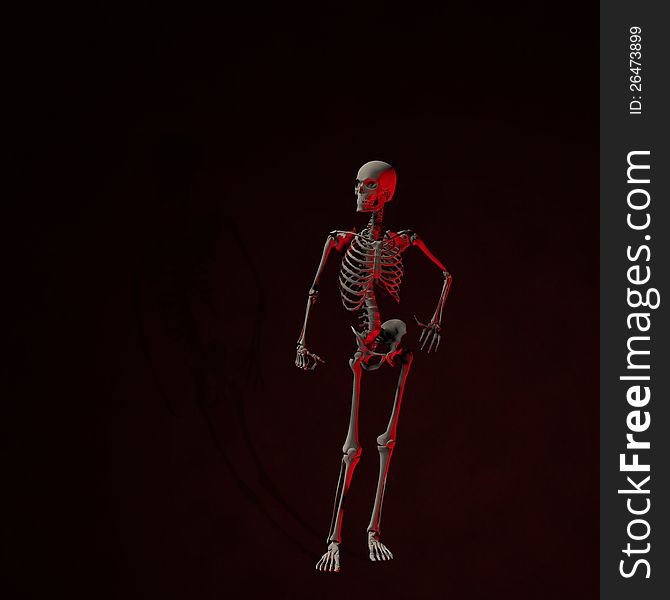 Abstract standing skeleton in red room background.