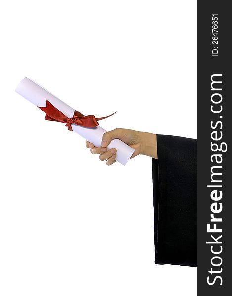People hand hold graduation paper scroll isolated over white background. People hand hold graduation paper scroll isolated over white background