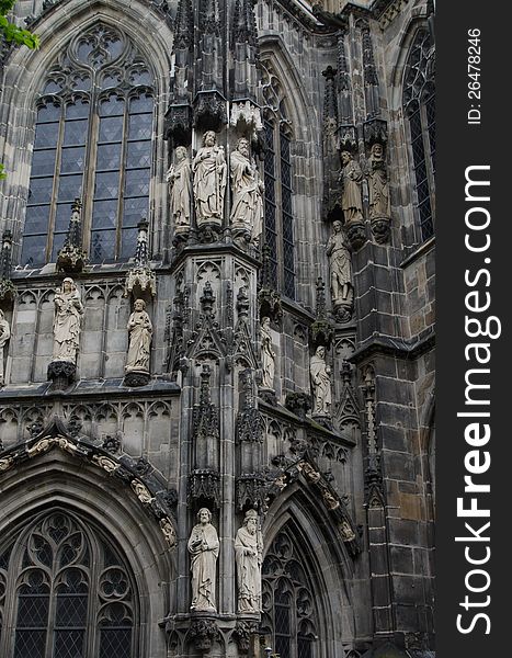 Details of exterior of gothic cathedral, Aachen, Germany