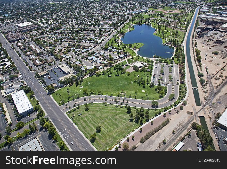 Man Made lake in Tempe at Kiwanis Park from above. Man Made lake in Tempe at Kiwanis Park from above