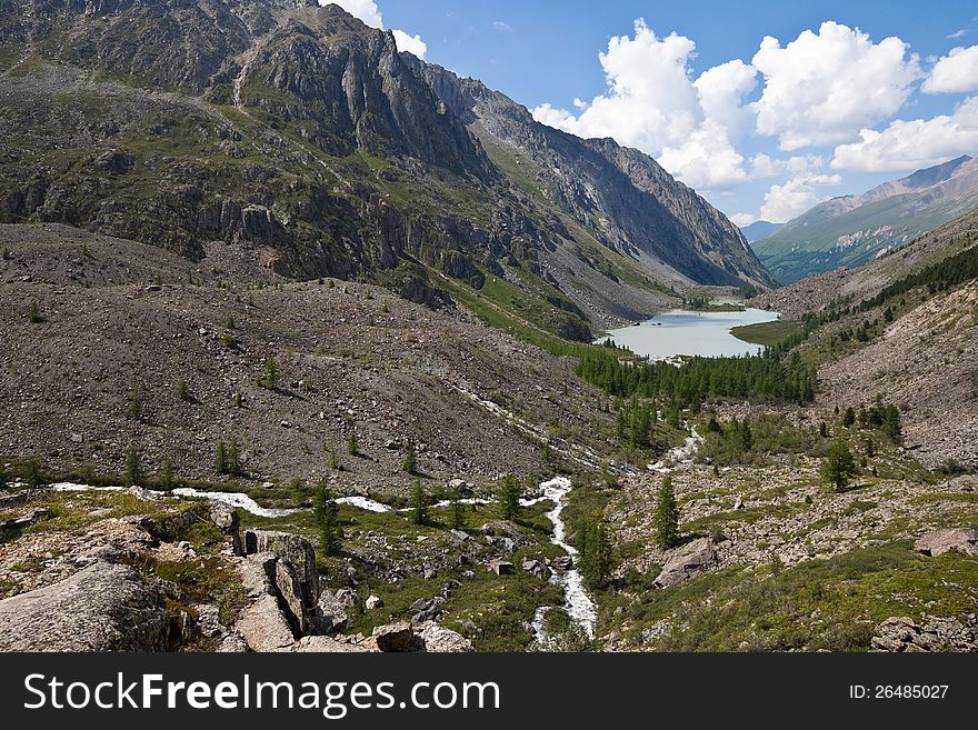 A valley with a view on Shavlinskie lakes in Altay mountains, Russia. A valley with a view on Shavlinskie lakes in Altay mountains, Russia