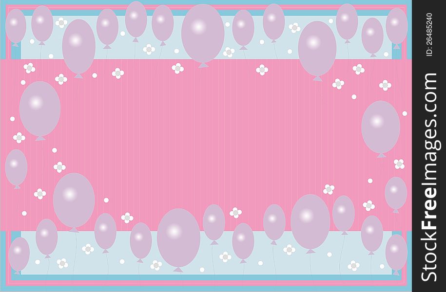 Vector frame or background with lilac ballons, small flowers, pink and blue colors. Vector frame or background with lilac ballons, small flowers, pink and blue colors