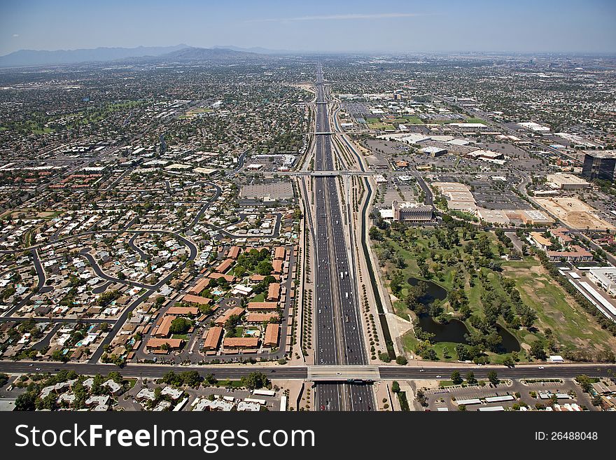 Aerial view of the Superstition Freeway in Mesa looking West towrds Tempe and Phoenix, Arizona