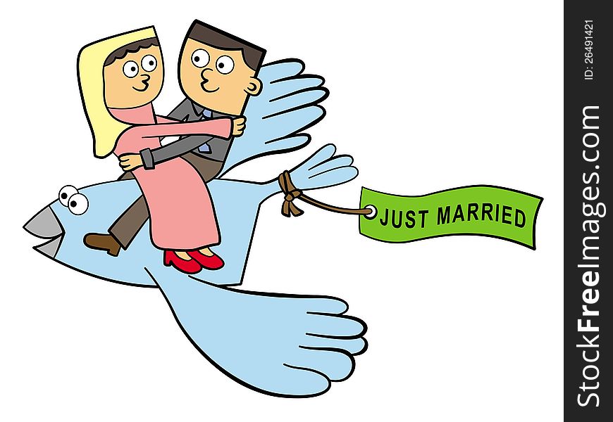 A happy and newly married couple on a flying bird and a banner tied on it's tail with the words just married printed on it. A happy and newly married couple on a flying bird and a banner tied on it's tail with the words just married printed on it