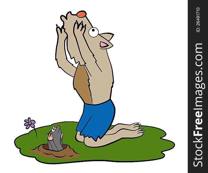 A humorous illustration of a howling werewolf with a mole trying to cover his ears