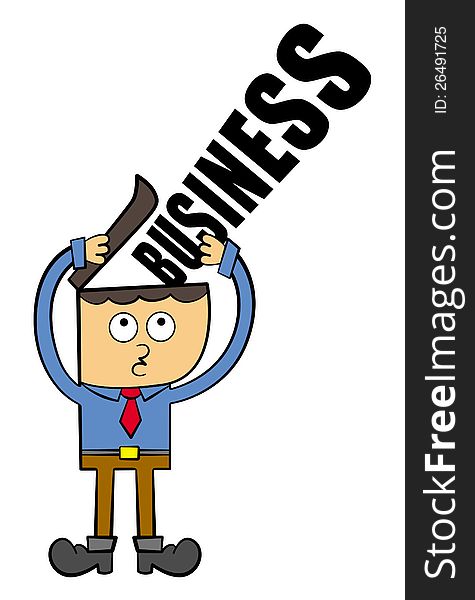 A funny looking business man putting a giant business word inside his open head. A funny looking business man putting a giant business word inside his open head