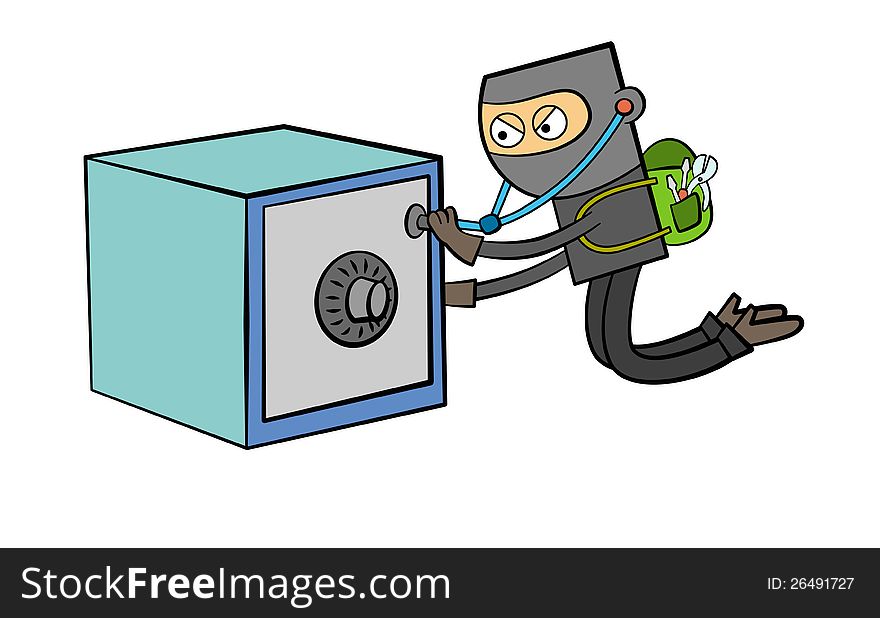 Illustration of a masked burglar trying to open a vault. Illustration of a masked burglar trying to open a vault