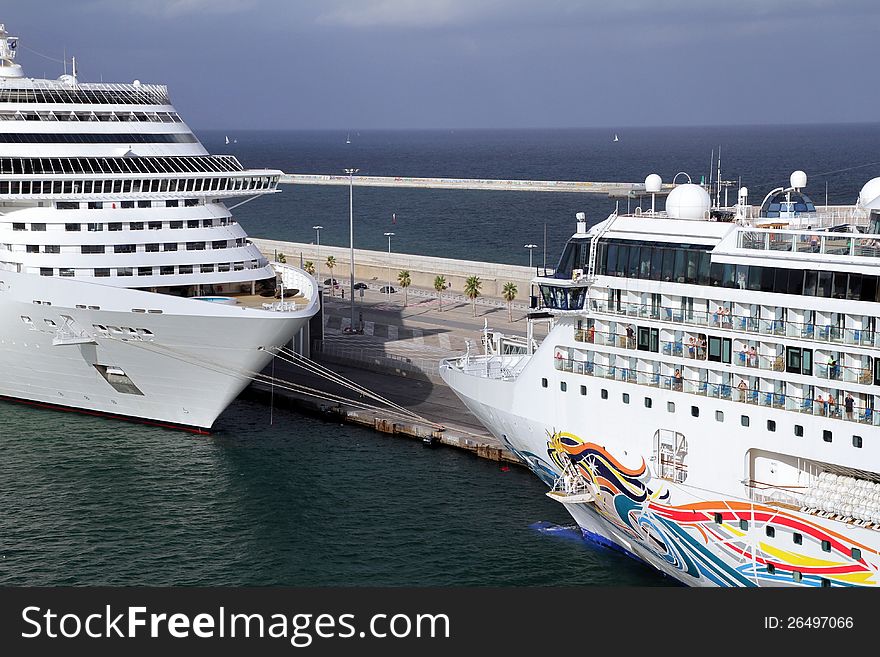 Big cruises in dock in Barcelona, Spain