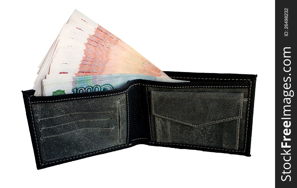 Black purse with money. Isolated close-up