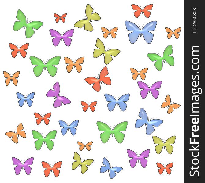 Colorful pastel butterflies scattered on   white background. Colorful pastel butterflies scattered on   white background