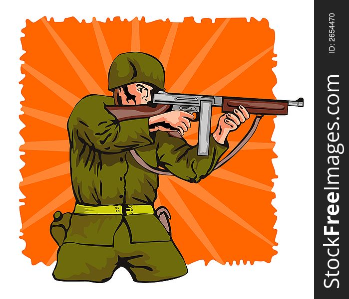 Vector art of a soldier aiming his submachine gun. Vector art of a soldier aiming his submachine gun.