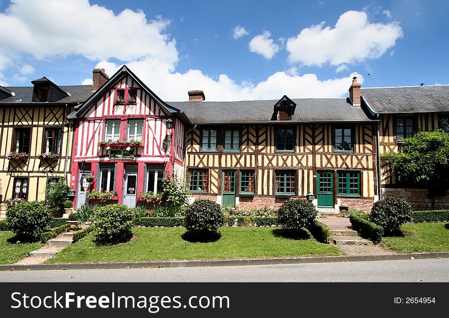 Row of Timber Framed Houses in an Historic Village in Normandy, France