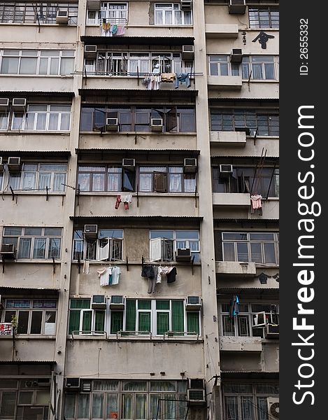 High-density apartment units in Hong Kong, with laundry hanging outside