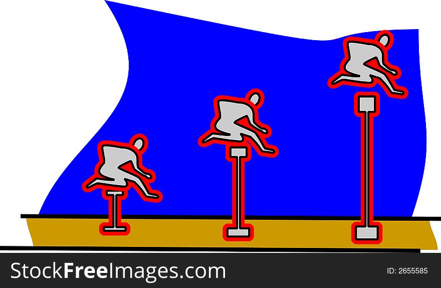 Three hurdlers hurdling over different heights metaphor for effort and achievement. Three hurdlers hurdling over different heights metaphor for effort and achievement