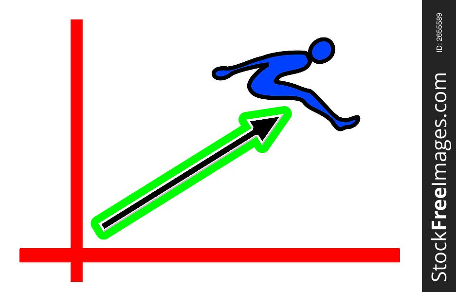 Long-jumper rising on the tip of an upward arrow, metaphor for business success. Long-jumper rising on the tip of an upward arrow, metaphor for business success